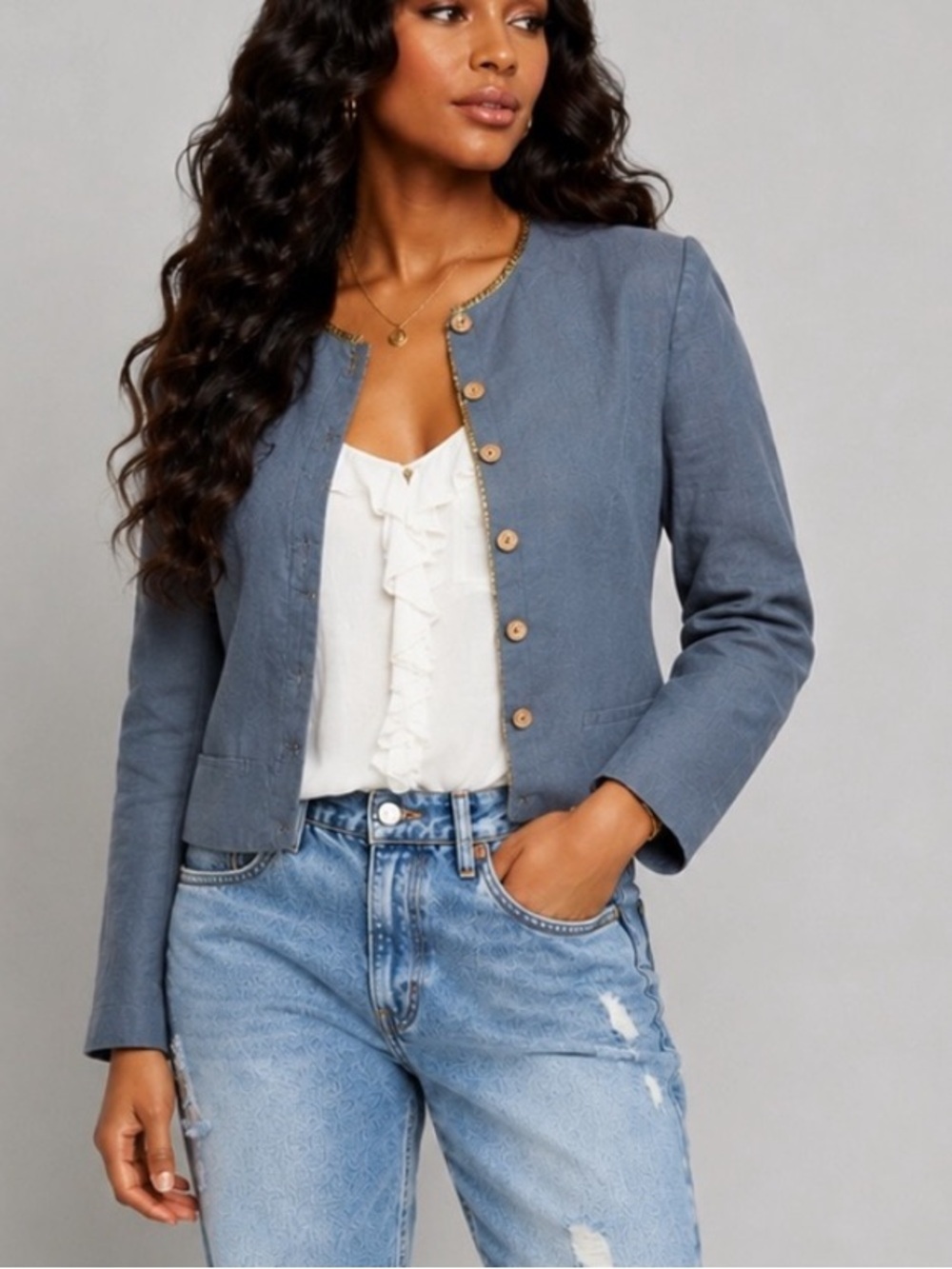 Philippe Adec Lagenlook Woven Mandarin Collar Jacket Slate Blue Button Down